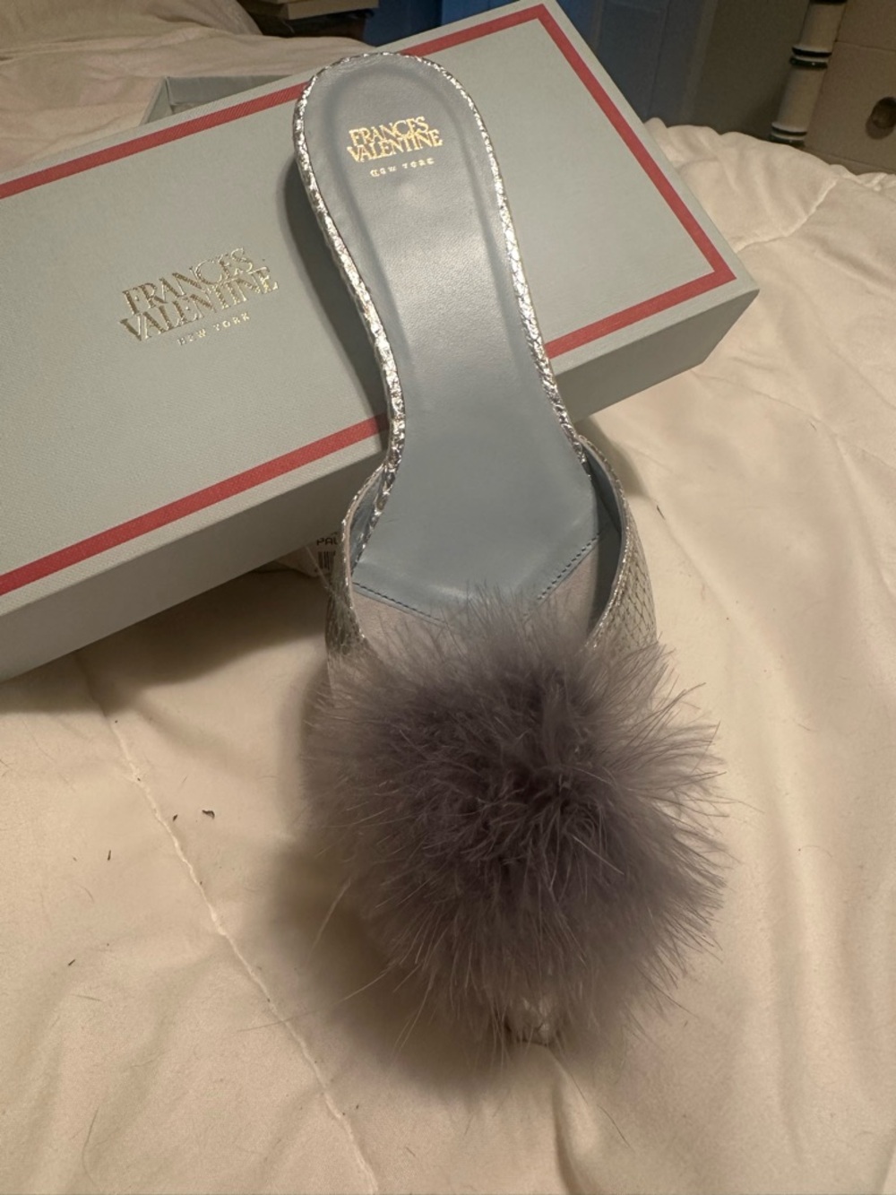 Frances Valentine Gray Feather Pom Slide Mule. NWT